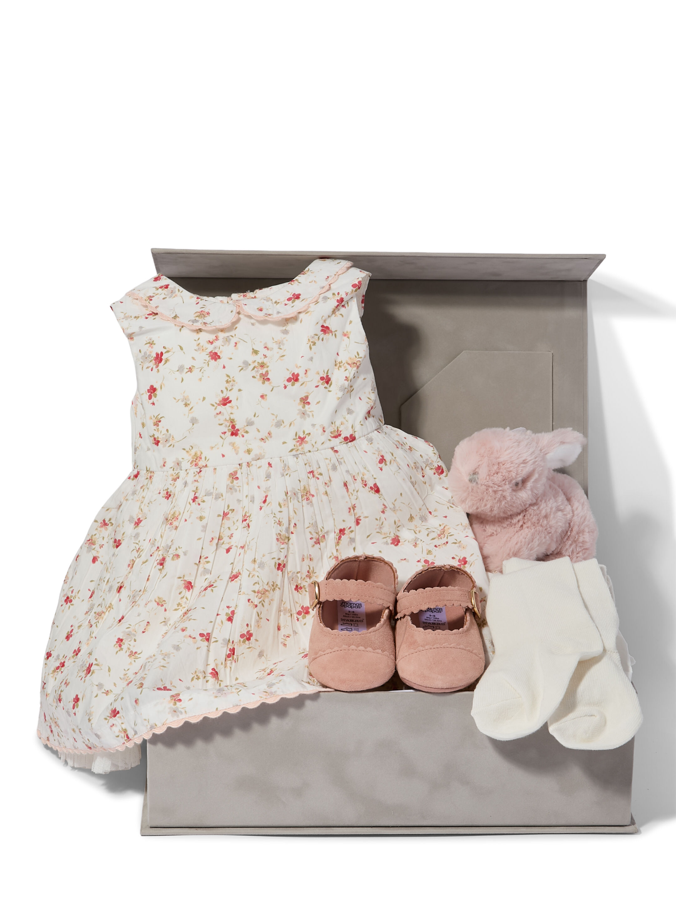 Floral Poplin Dress - 5 Piece Gift Set with Scallop Pram Shoes and Soft Toy Treasured Pink Bunny image number 1